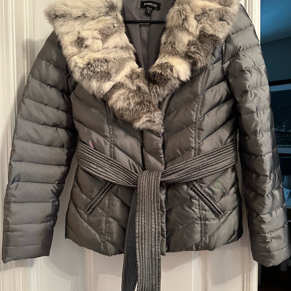 bebe Silver Puffer Coat with Faux Fur Trim